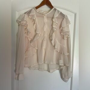 NWOT Easy Clothes Ivory Sheer Ruffle Button-Front Coquette Feminine Blouse M L